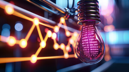Aufkleber - futuristic electric grid powered by renewable sources, featuring glowing light bulb with binary code and vibrant energy lines. This symbolizes innovation and sustainability