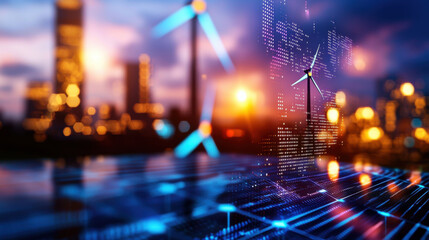 Aufkleber - digital holographic display of wind farm showcases renewable energy technology, highlighting wind turbines against vibrant city skyline at sunset