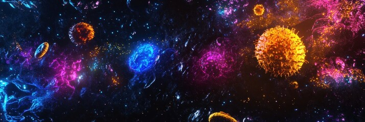 Fototapete - Magnified view of colorful viruses revealing their intricate structures and unique formations in a vibrant cosmic environment. Generative AI