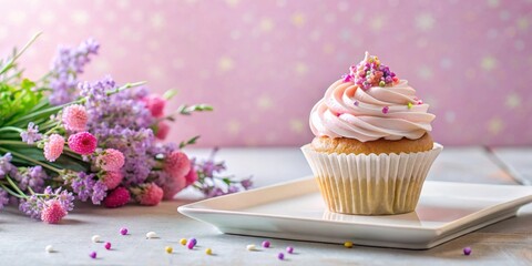 Aufkleber - A Delicate Pink Cupcake with Sprinkles and a Bouquet of Flowers on a White Plate