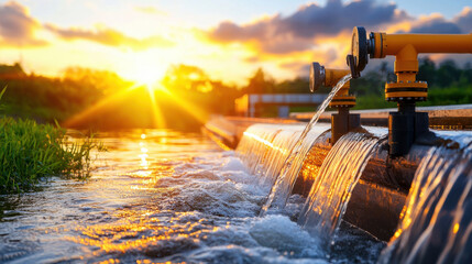 Aufkleber - Water flowing from pipes at sunset, creating serene landscape with vibrant colors and reflections on water surface, surrounded by lush greenery