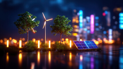 Aufkleber - night view of sustainable city featuring glowing wind turbines, solar panels, and trees, showcasing eco friendly energy solutions in urban environment