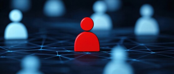 Poster - Isolated red figure stands out among blue figures, symbolizing individuality and connection in a digital network.