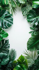 Wall Mural - Green Plant Frame Similar to Jungle on White Background with Dark Atmosphere and Minimalist Style