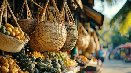 Poster - Woven rattan baskets hanging on a tropical village market stall Sustainable tropical materials Stock Photo with side copy space