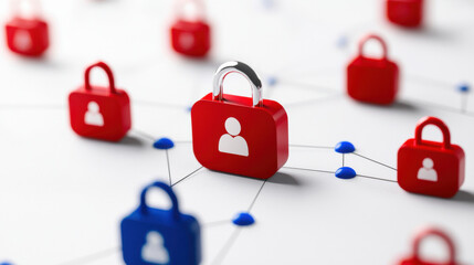 Poster - visual of personal information being encrypted with red and blue locks, symbolizing security and privacy in digital networks