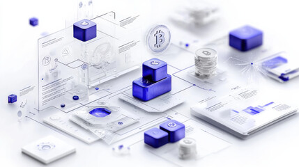 Fototapete - visual representation of decentralized finance concepts, featuring blue blocks, cryptocurrency symbols, and digital charts. This design illustrates innovative nature of blockchain technology