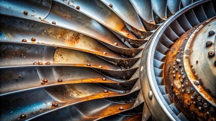Poster - Close-up view of a weathered turbine engine component, showcasing intricate details and rust patterns on its metallic surface