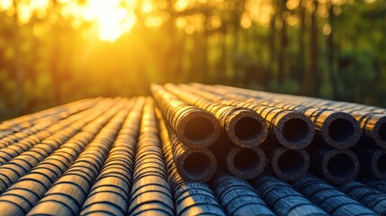 Poster - Sustainable construction materials displayed in a tropical-themed workshop Sustainable tropical materials Stock Photo with side copy space