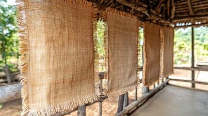 Aufkleber - Hemp fabric stretched on frames in a tropical artisan workshop Sustainable tropical materials Stock Photo with side copy space