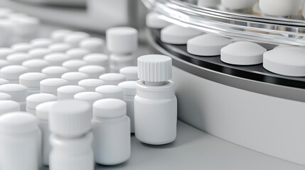 A close-up view of white pill bottles and tablets arranged on a clean surface, highlighting pharmaceutical production or storage.