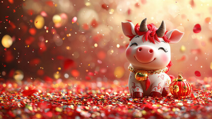 Poster - Adorable 3D Chinese Zodiac ox figurine with red and gold hues, surrounded by festive confetti and decorations, radiating joy and celebration