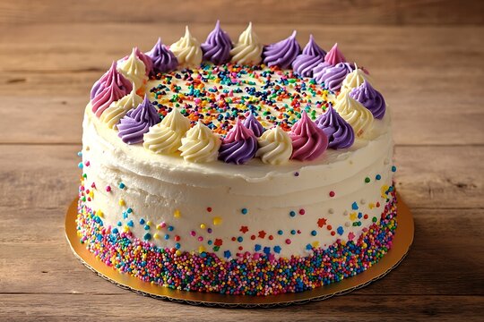 A beautifully decorated birthday cake with colorful frosting and vibrant sprinkles on a wooden table