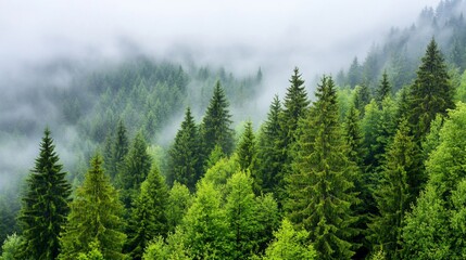  Misty mountain forest with lush green evergreen trees.