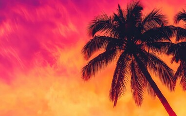Poster - Stunning silhouette of palm trees against a vibrant sunset sky filled with orange and purple hues.