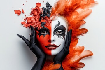 Aufkleber - A whimsical drawing of a Venetian mask surrounded by decorative feathers, rendered in bold, simple shapes on a clean white canvas