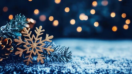 Poster - Sparkling snowflake ornament on a snowy surface, surrounded by pine branches and festive bokeh lights in the background.