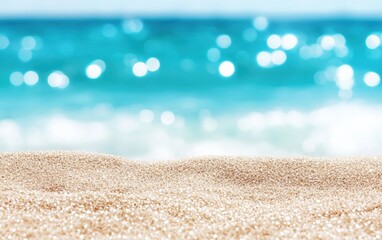 Poster - Captured close-up of smooth sand grains with shimmering ocean background, illustrating calm beach serenity and natural beauty.