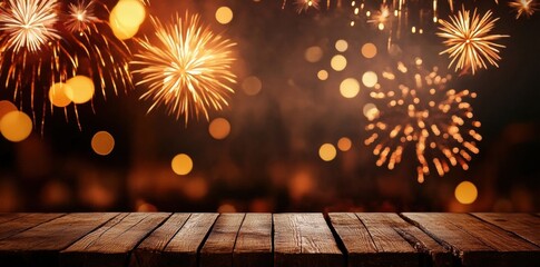Poster - celebrate with vibrant fireworks bursting in a colorful display over a wooden table, perfect for fes
