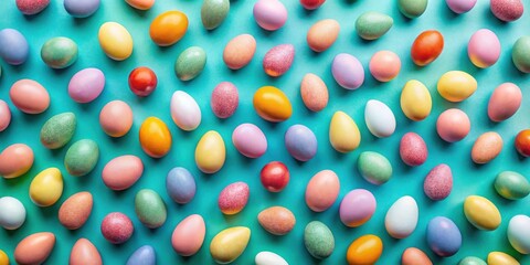 Poster - Pastel-colored speckled and solid eggs arranged on a teal background for a festive spring celebration