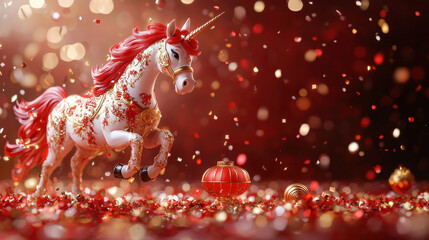 Aufkleber - vibrant and colorful 3D unicorn figurine adorned with intricate designs, surrounded by festive decorations and shimmering confetti, creating magical atmosphere