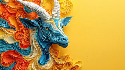 Aufkleber - vibrant 3D design of Capricorn goat with swirling colors, showcasing artistic creativity and depth. bright yellow background enhances lively composition