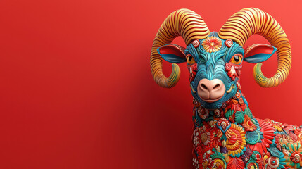Poster - Vibrant 3D Capricorn goat design with intricate floral patterns and bright colors against red background, showcasing artistic creativity and charm