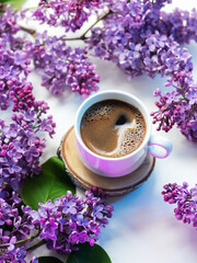 Wall Mural - Turkish coffee cup on a white table with branches of blooming lilac