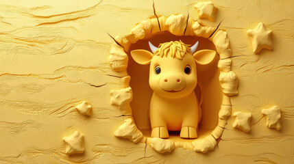 Aufkleber - Cute 3D ox illustration representing zodiac sign of Taurus, with cheerful expression and surrounded by yellow stars. Perfect for zodiac themed designs