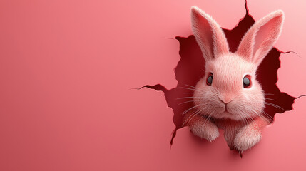 Poster - Cute 3D rabbit illustration breaking through pink wall, symbolizing joy and playfulness. This charming design captures essence of fun and creativity