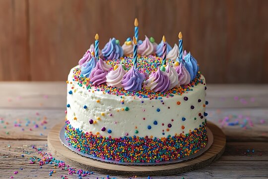 A beautifully decorated birthday cake with colorful frosting and vibrant sprinkles on a wooden table