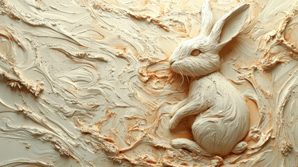 Aufkleber - detailed 3D illustration of rabbit, symbolizing creativity and nature, with textured swirls in soft color palette. artwork evokes sense of calm and whimsy