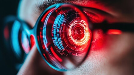 Poster - Close-up view of futuristic glasses, showcasing digital graphics reflecting in the lenses, representing advanced technology.