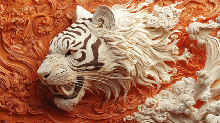 Aufkleber - detailed 3D illustration of tiger head, symbolizing strength and power, with intricate swirling patterns and vibrant orange background. artwork captures essence of tiger zodiac