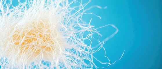 Poster - Abstract close-up of delicate white fibers against a vibrant blue background, creating a soft, dreamy visual effect.
