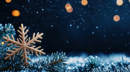 Poster - A sparkling snowflake nestled in evergreen branches, creating a magical winter scene with soft glowing lights.