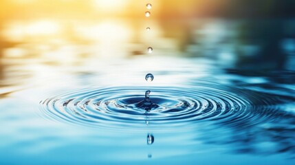 Poster - A single water droplet falling into a tranquil body of water, creating ripples under warm sunlight.
