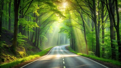 Poster - Sunlit Road Winding Through a Lush Green Forest Canopy