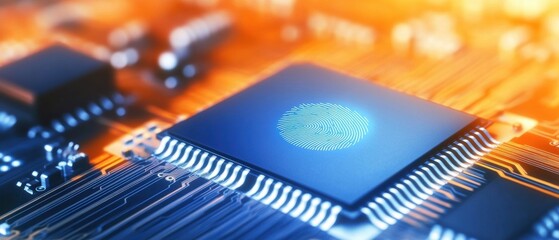 Poster - Close-up view of a modern microchip with intricate circuit design and futuristic fingerprint sensor.