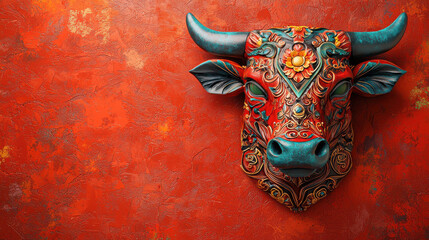 Aufkleber - Vibrant 3D ox design symbolizing zodiac sign of Ox, featuring intricate patterns and bright colors against textured red background, evoking sense of cultural richness and artistry