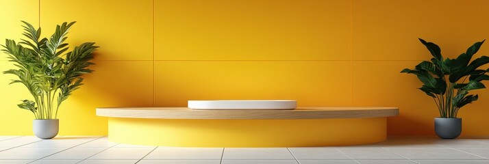 Poster - modern kitchen display with yellow wall, round podium, and indoor plants for a bright and fresh look