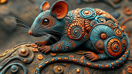 Poster - Vibrant 3D rat design featuring intricate patterns and colors, symbolizing zodiac sign of Rat. This artistic representation showcases creativity and detail