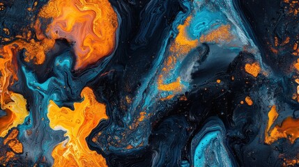 Poster - Vivid Abstract Fluid Art in Blue, Orange, and Black Shades with Swirling Patterns and Textures, Perfect for Creative Projects and Designs