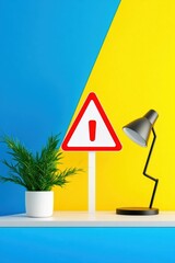 Sticker - A vibrant workspace featuring a warning sign, stylish lamp, and greenery against a colorful blue and yellow backdrop.