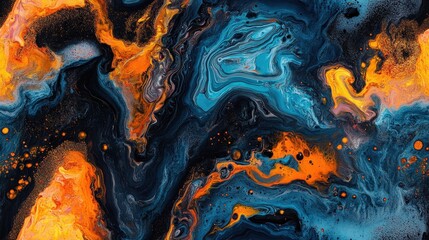 Poster - abstract colorful fluid design with orange and blue swirls in dark background representing energy an