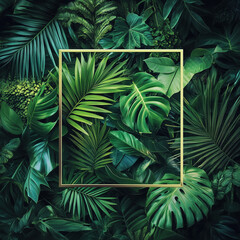 Template with Thick Natural Green Jungle Leaves and Rectangle Inside