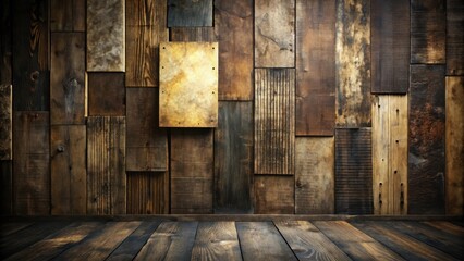 Poster - Rustic Wooden Wall and Floor Background with Aged Wood Paneling and Blank Sign