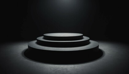 Wall Mural - Wide dramatic dark surface showcasing small circular podium