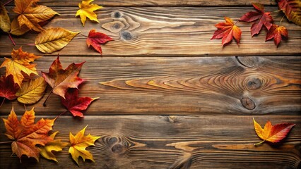 Poster - Autumnal Leaves on Rustic Wooden Background Perfect for Seasonal Designs