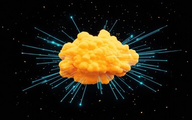 Poster - vibrant orange cloud burst in space with dynamic light rays, creating a surreal cosmic atmosphere.